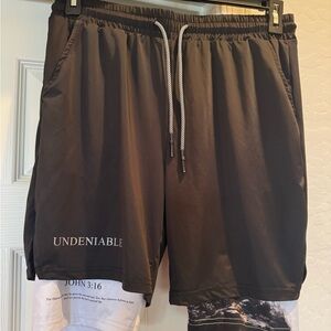 men's performance shorts with a built-in liner, size large religious bible